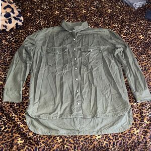 Forever 21 “ Being Bad Ain’t Easy” Olive Green Utility Button Down Shirt Jacket